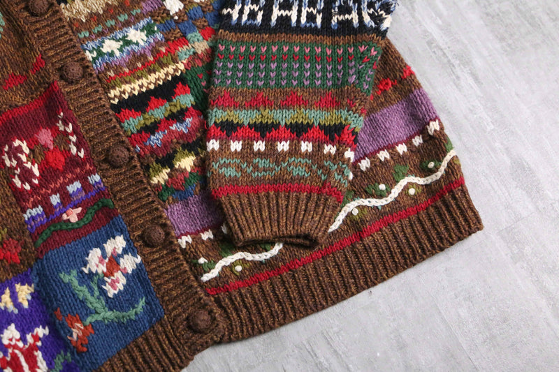 multicolored many motif design knit cardigan