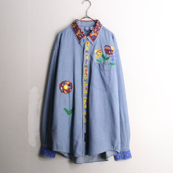 flower pattern embroidery design denim shirt
