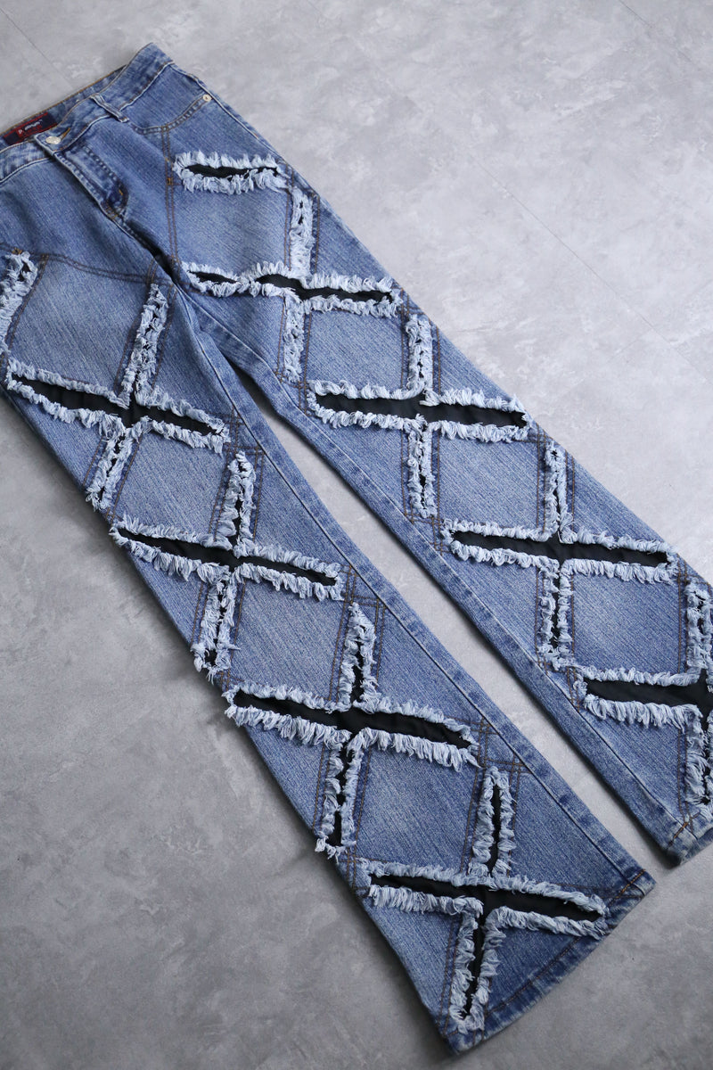 "X" damage fringes flare denim