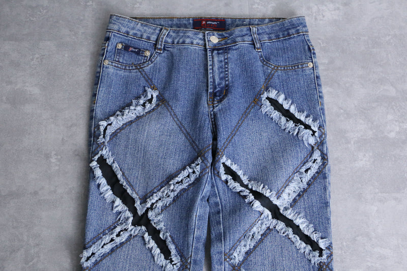 "X" damage fringes flare denim