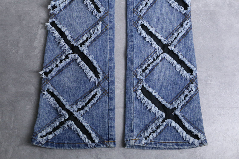 "X" damage fringes flare denim