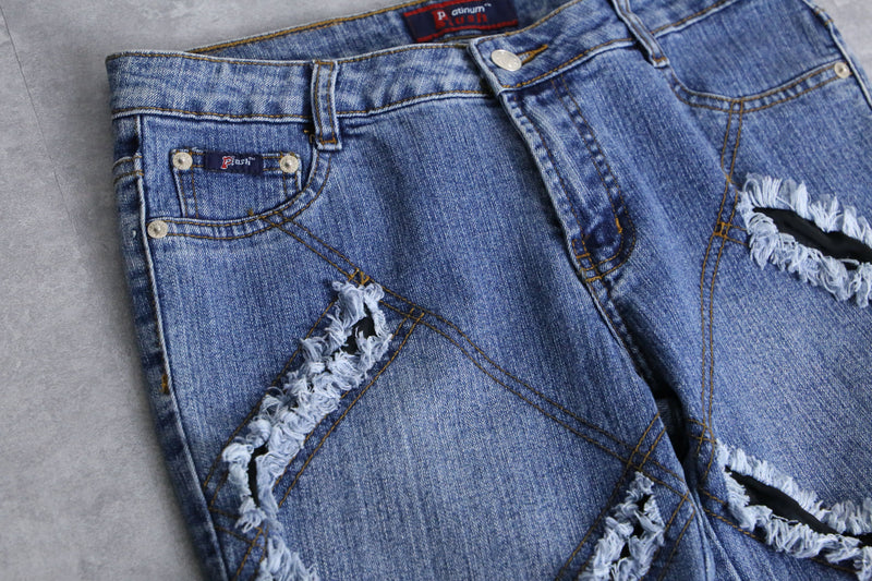 "X" damage fringes flare denim