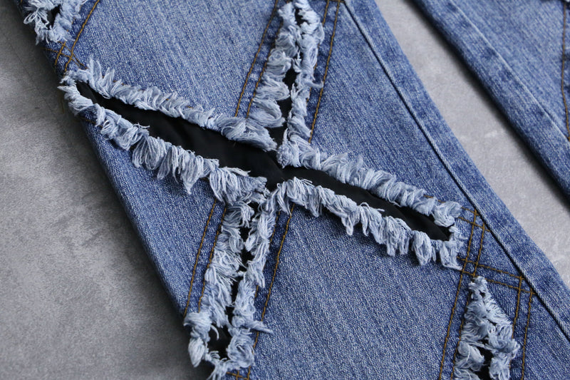 "X" damage fringes flare denim