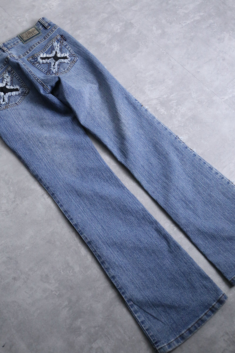 "X" damage fringes flare denim