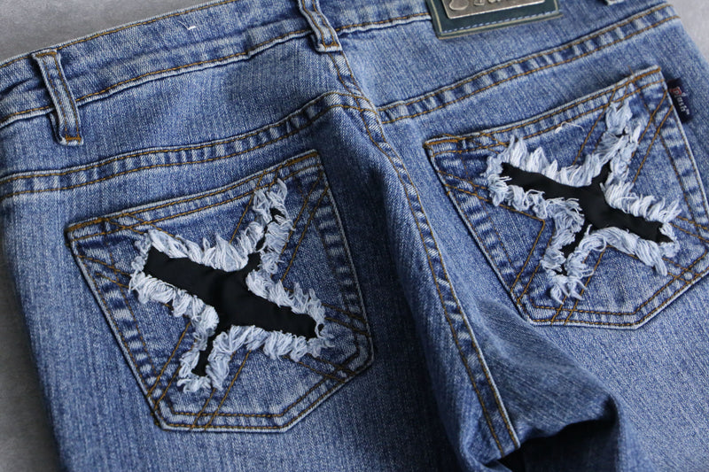 "X" damage fringes flare denim