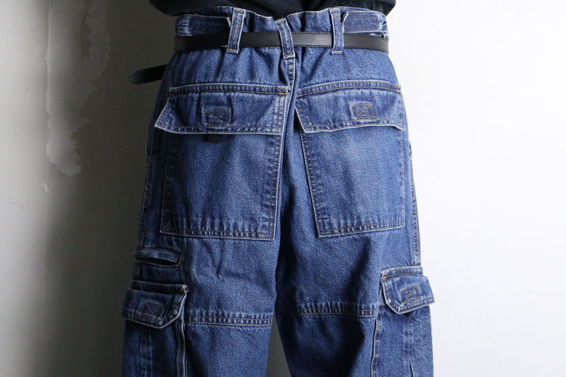 blue wide denim cargo pants