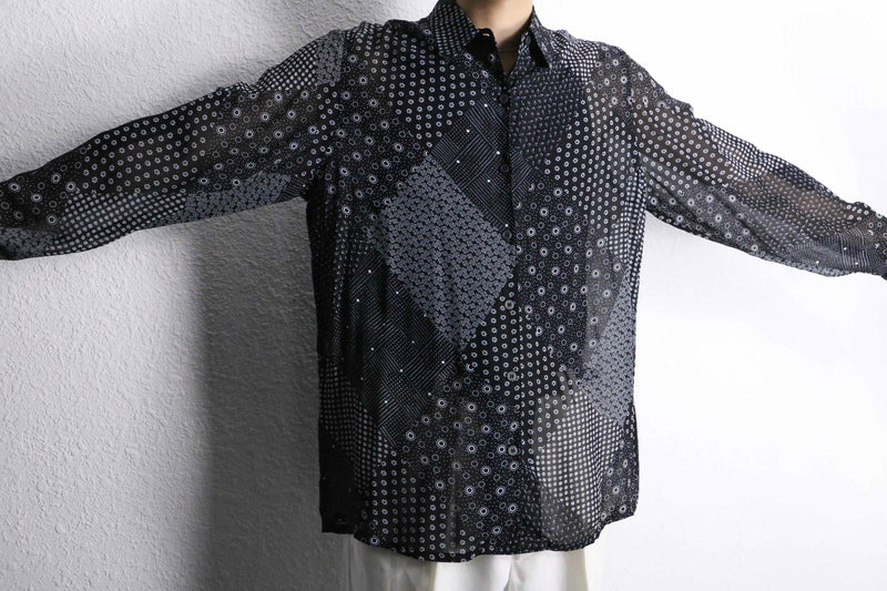 black base patchwork design sheer shirt