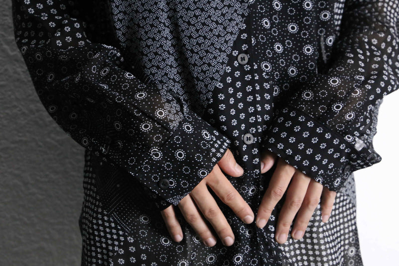 black base patchwork design sheer shirt