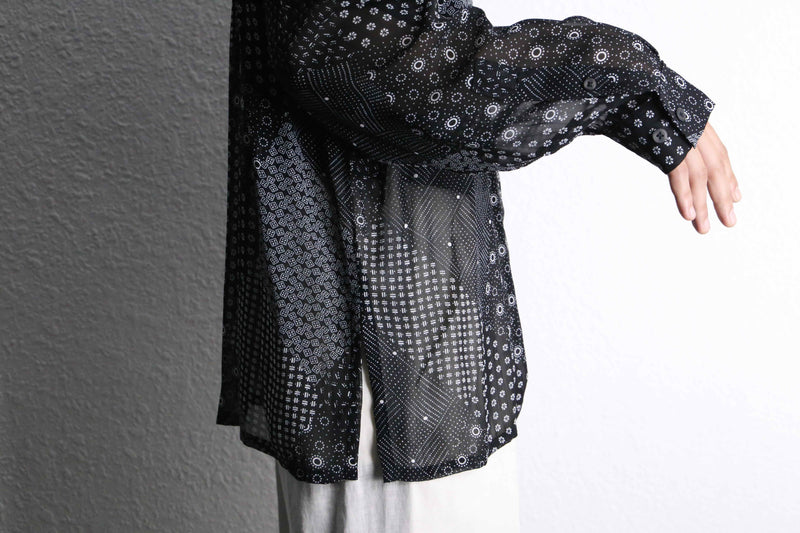 black base patchwork design sheer shirt
