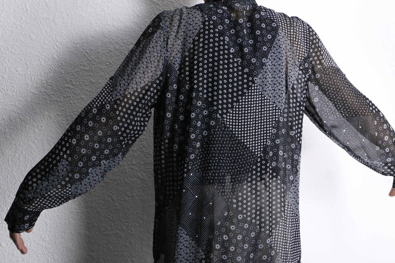 black base patchwork design sheer shirt