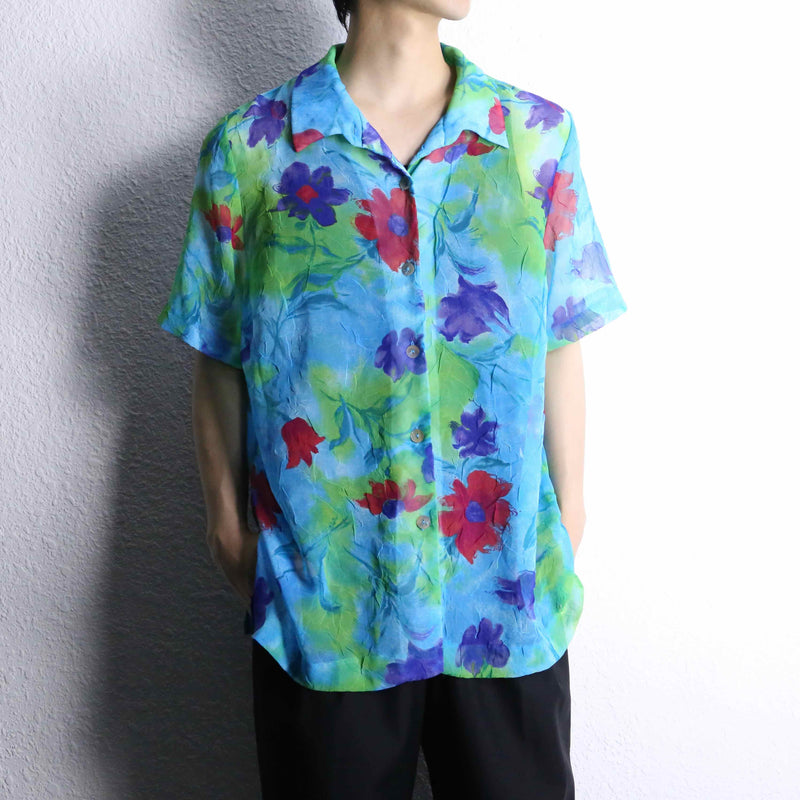multi color flower design S/S sheer shirts