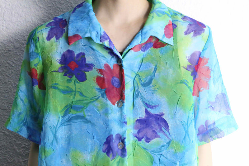 multi color flower design S/S sheer shirts