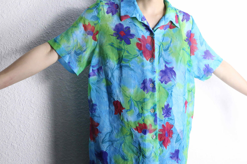 multi color flower design S/S sheer shirts