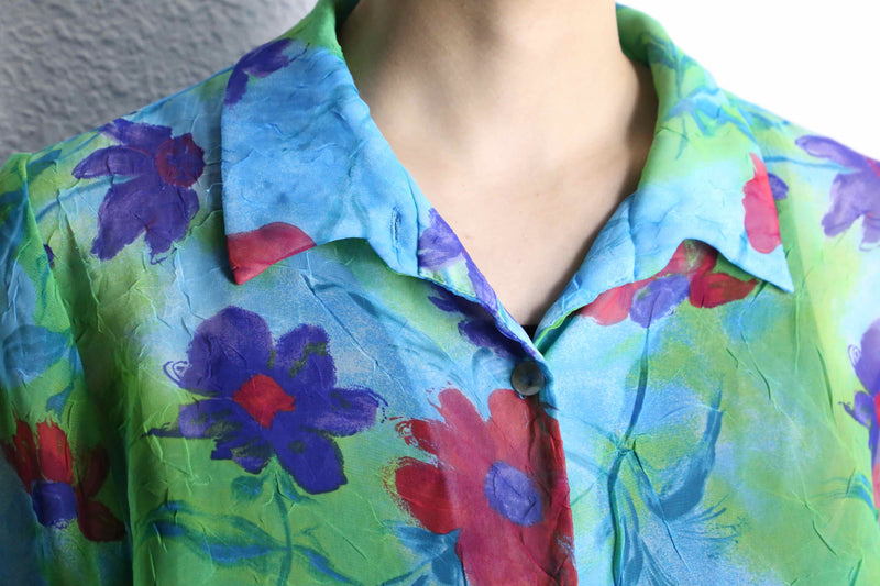 multi color flower design S/S sheer shirts