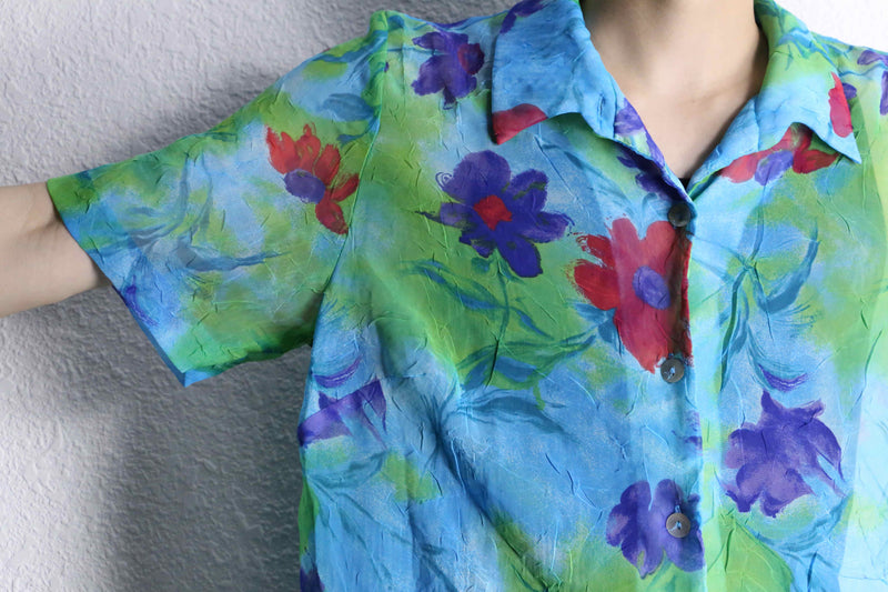 multi color flower design S/S sheer shirts