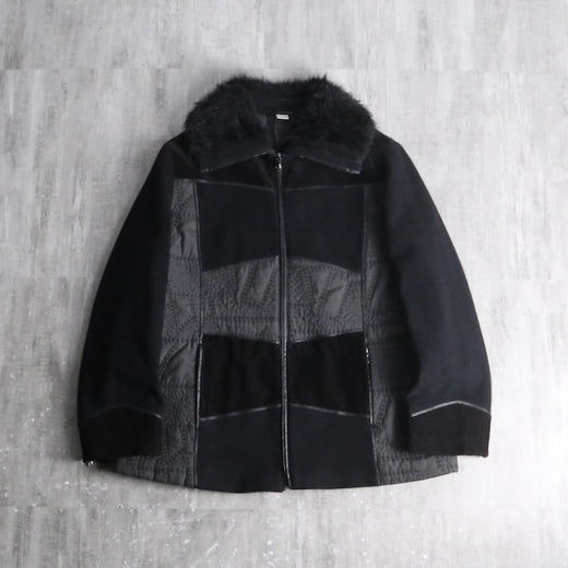 black fur collar patchwork design jacket
