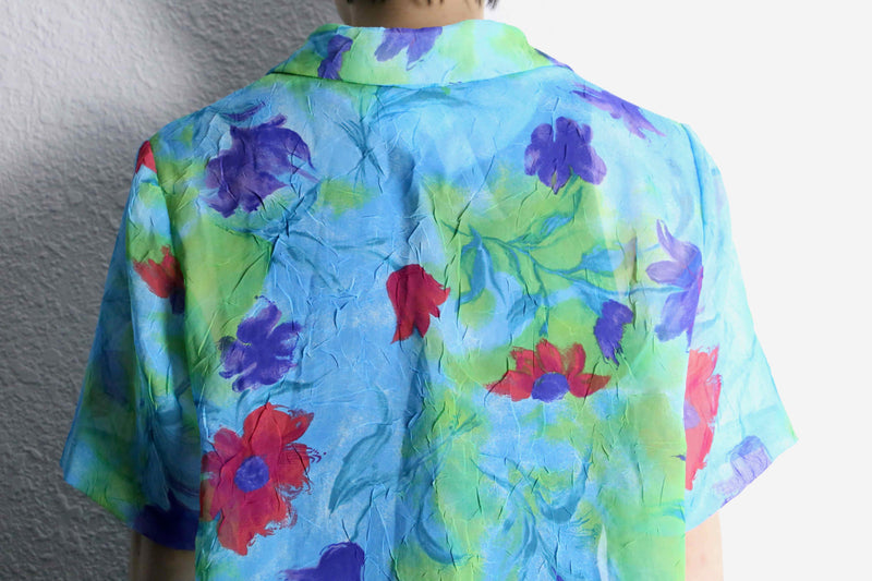 multi color flower design S/S sheer shirts