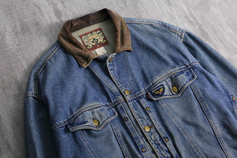2000s AVIREX leather collar denim jacket made in USA