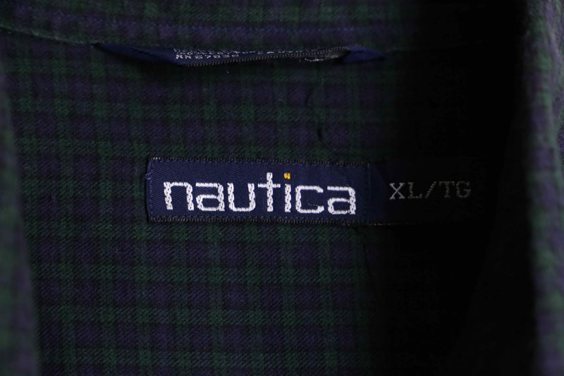 "NAUTICA" navy color light flannel check B.D. shirt