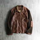 leather × knit combi brown zip jacket