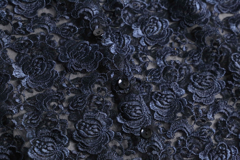 navy color lace pattern S/S shirt