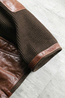 leather × knit combi brown zip jacket
