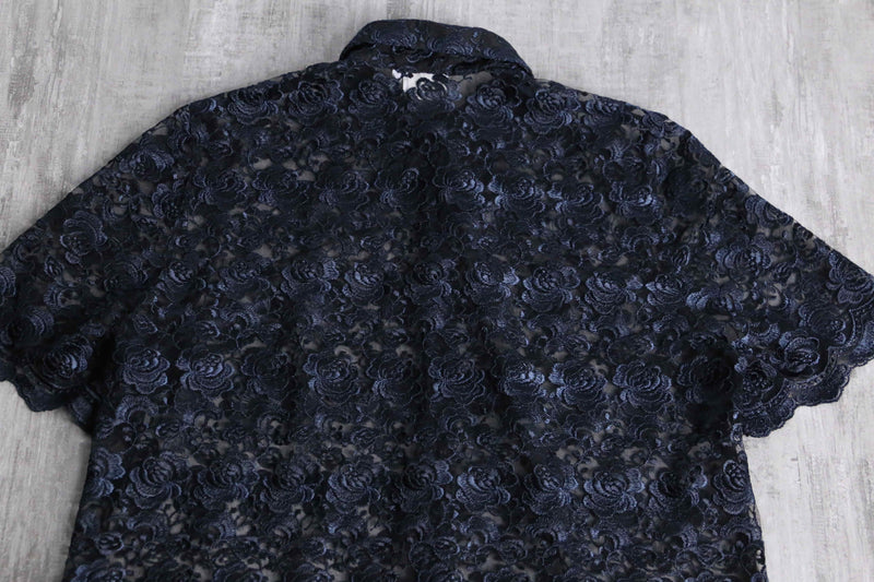 navy color lace pattern S/S shirt