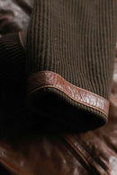 leather × knit combi brown zip jacket