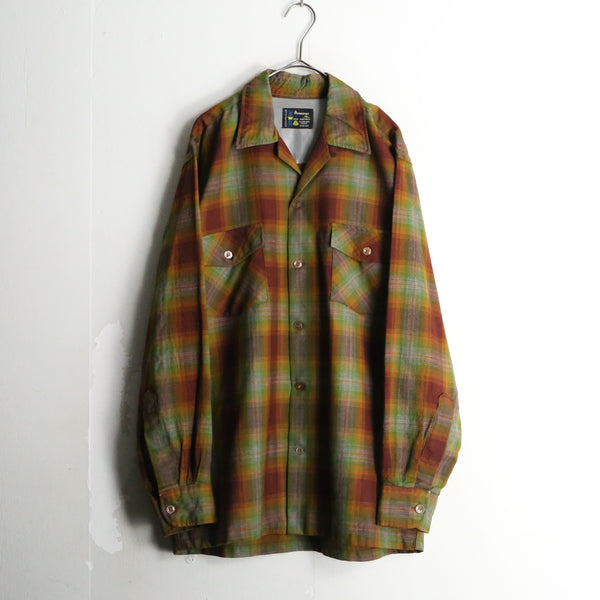 60's "Penneys" gradation check wool open collar shirt