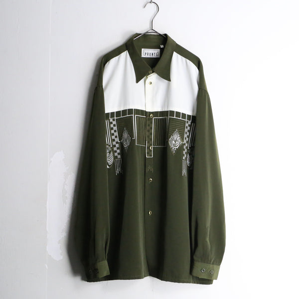 “PRONTl” green×white geometric embroidery design shirt