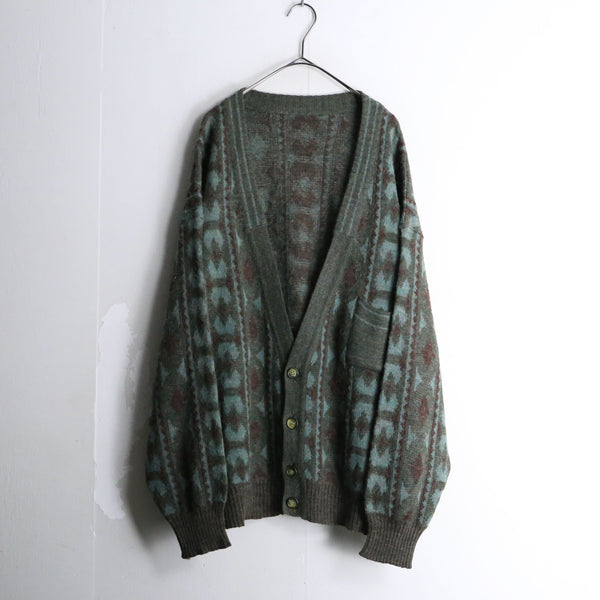 moss green geometric pattern cardigan