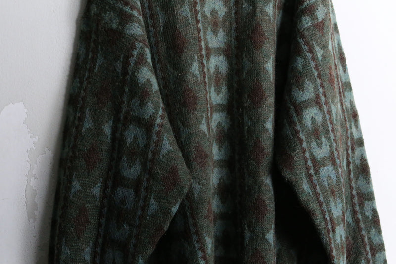 moss green geometric pattern cardigan