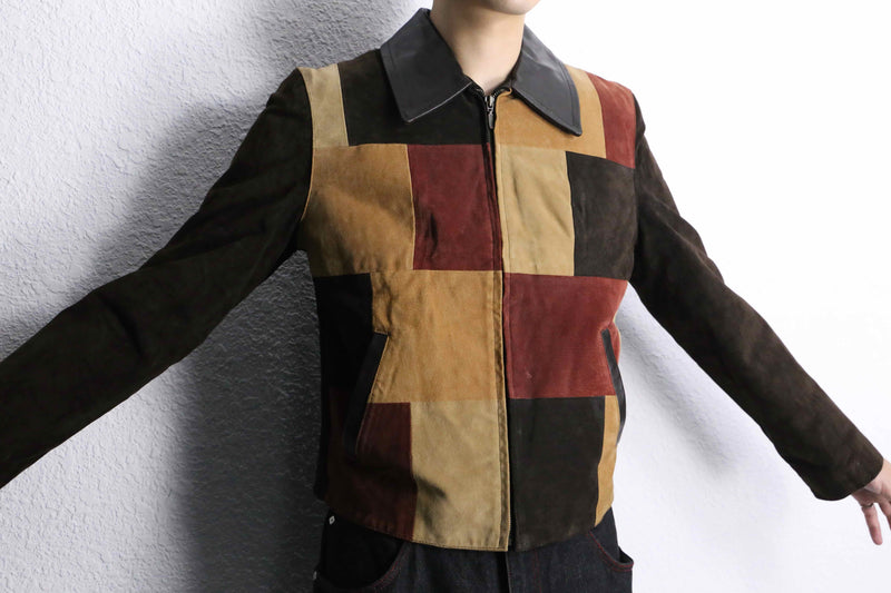 panel color switch suede leather short jacket