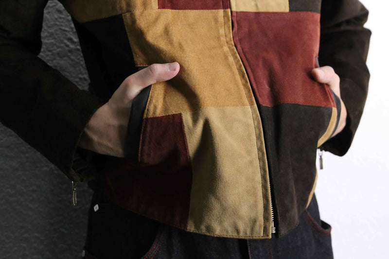 panel color switch suede leather short jacket