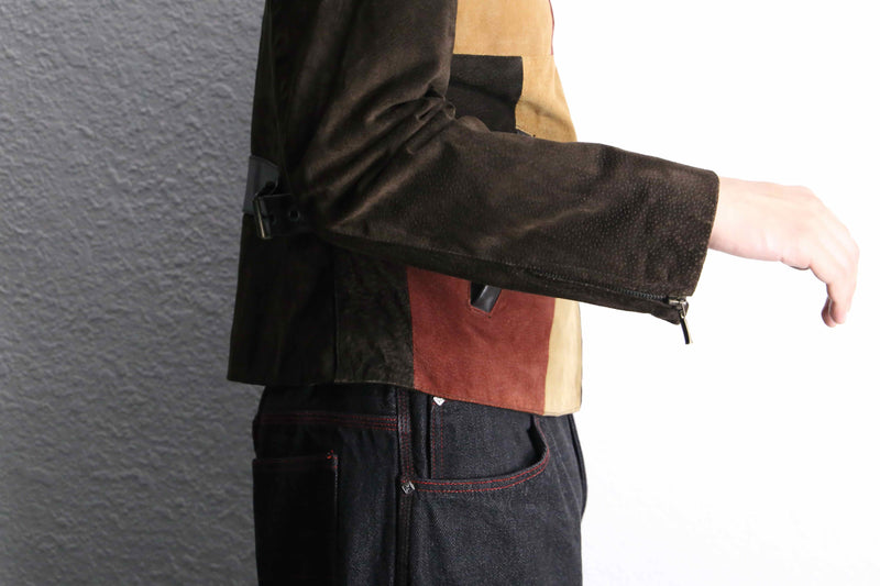 panel color switch suede leather short jacket