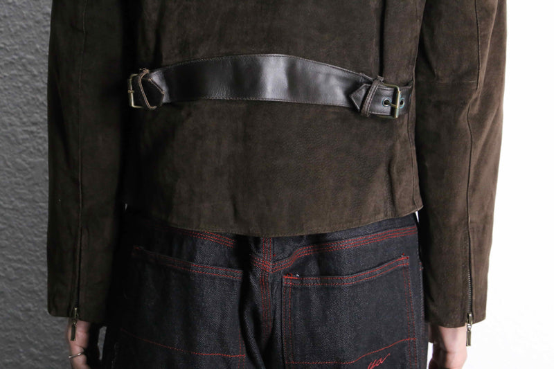 panel color switch suede leather short jacket