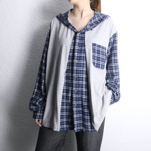 plaid panel hooded shirt