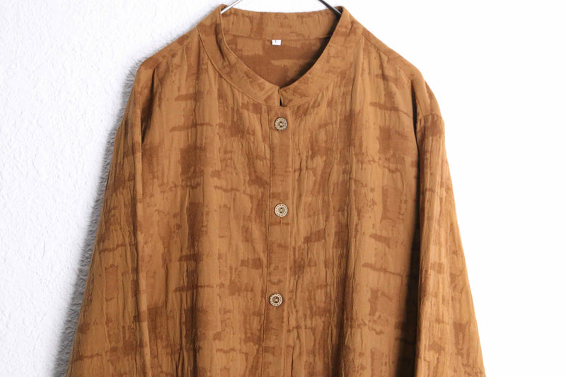 brown three dimensional pleats stand collar shirt jacket