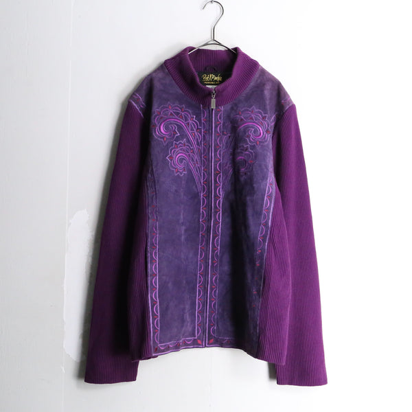 “Bob Mackie” purple embroidery suède×knit switch design jacket