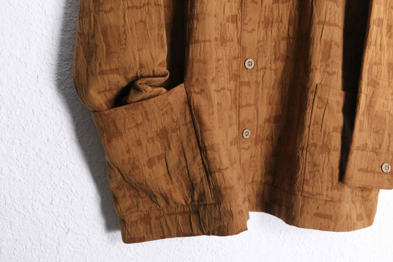 brown three dimensional pleats stand collar shirt jacket
