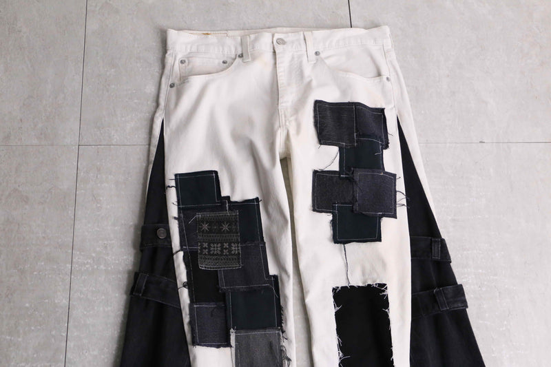 remake "再構築" black×white color patchwork design flare denim pants