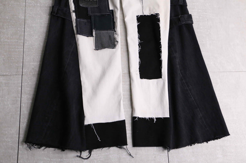 remake "再構築" black×white color patchwork design flare denim pants