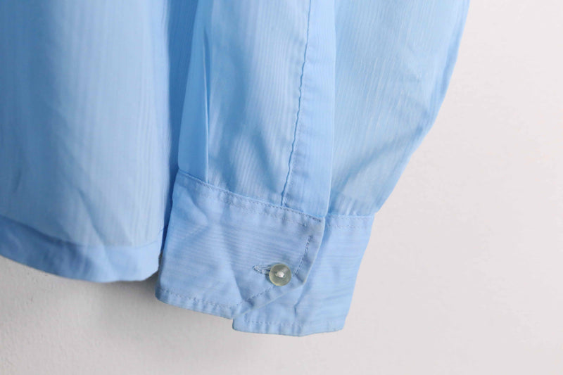 70's sax blue color sheer textile dress shirt