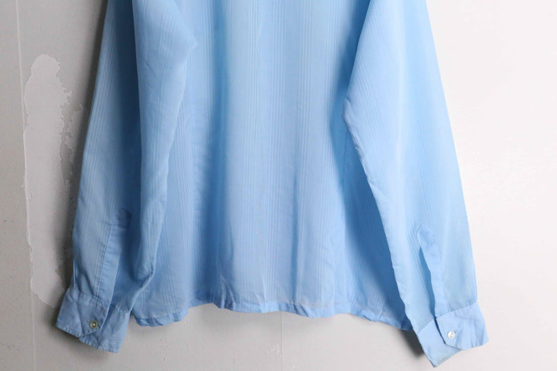 70's sax blue color sheer textile dress shirt