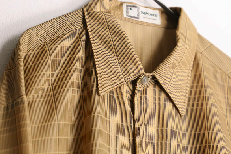 70's light brown check design dress shirt