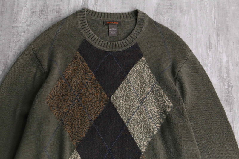 green base argyle check cotton knit