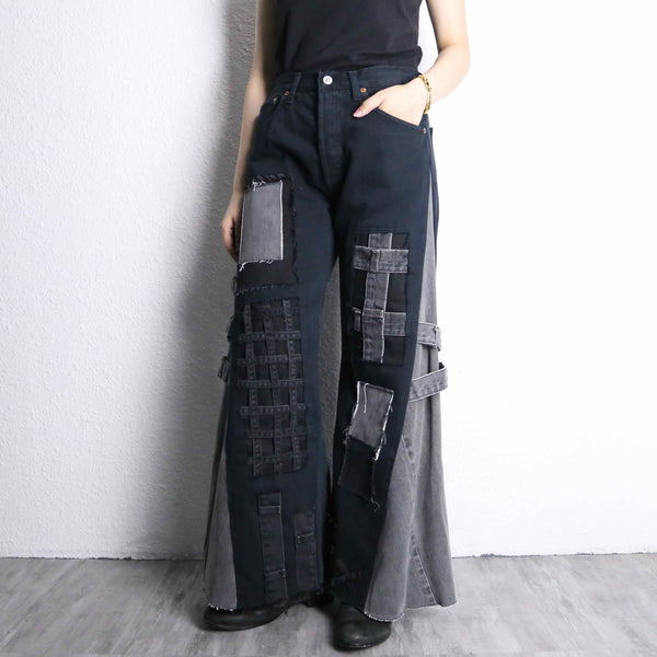 "Re:make" many patch design buggy flare black denim