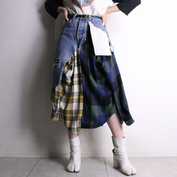 remake "再構築" denim × check shirt layered skirt
