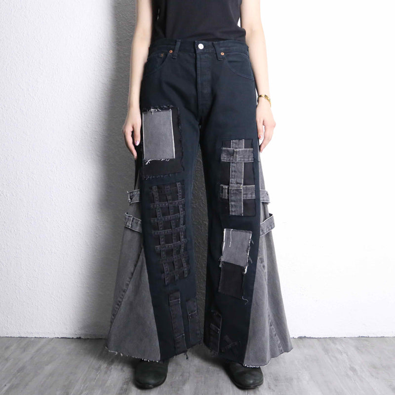 "Re:make" many patch design buggy flare black denim