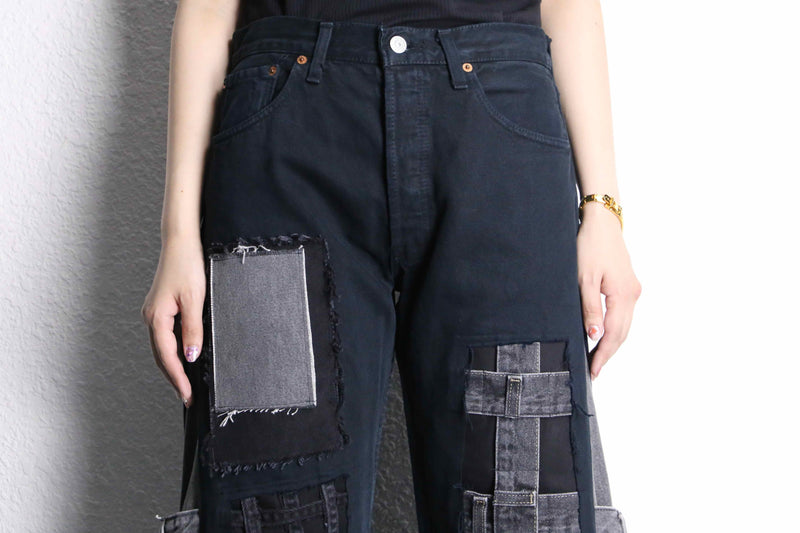 "Re:make" many patch design buggy flare black denim